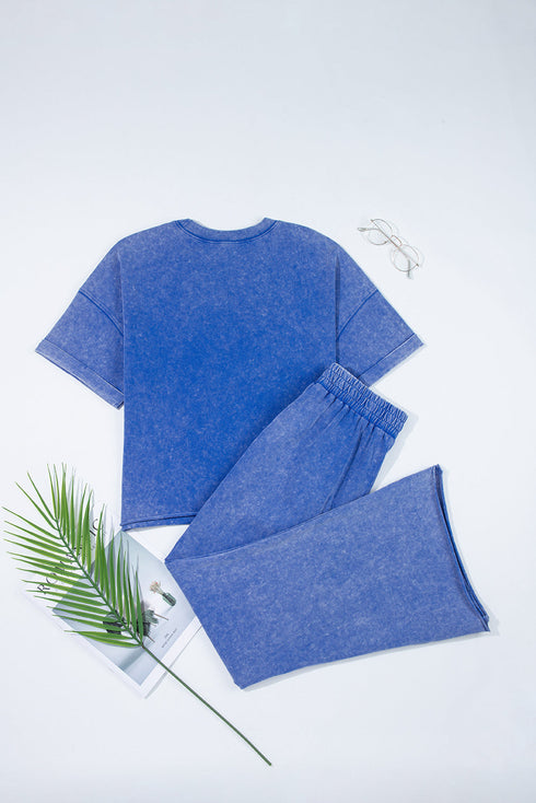 Acid Wash Star Applique Rolled Trim Pants Set