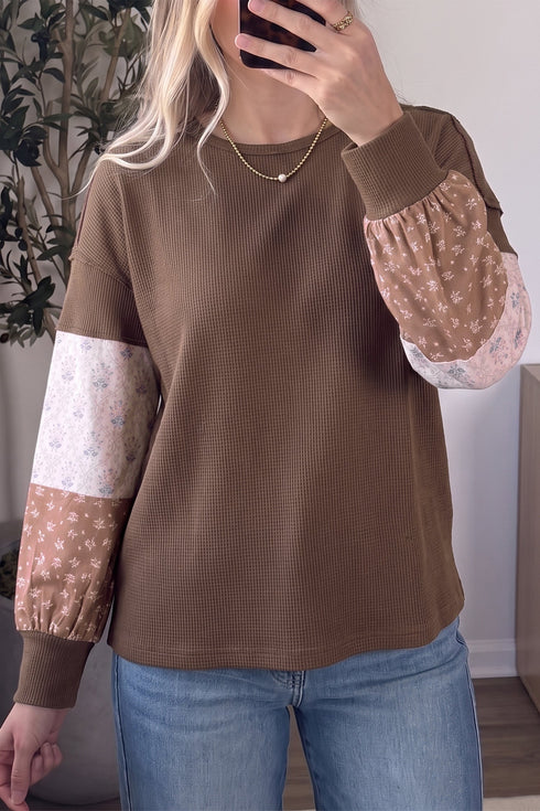 Vintage Floral Waffle Texture Relaxed Pullover Tunic Top