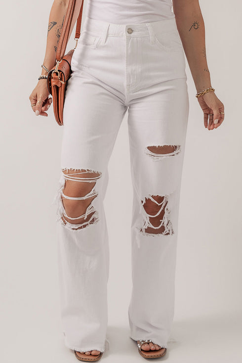 Heavy Distressed Solid Stretch Denim Straight Leg Jeans