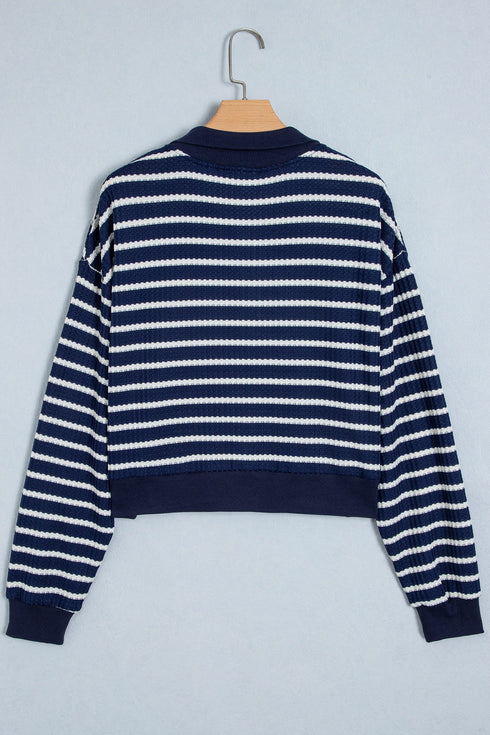 Preppy Textured Stripe Half Zip Collared Pullover Top