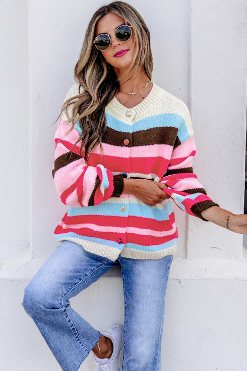 Acrylic Polyamide Striped Pattern Drop Shoulder Cardigan
