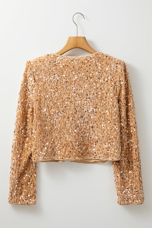 Elegant Solid Sequined Open Front Cropped Jacket