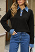 Acrylic Polyester Denim Patchwork Collar Cuffed Sweater