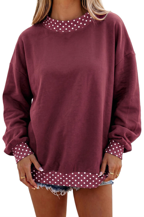 Mock Neck Polka Dot Pattern Trim Oversized Sweatshirt