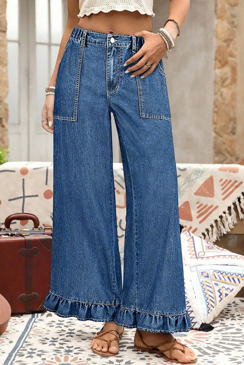 Elastic Waist Ruffled Wide Leg Denim Pants