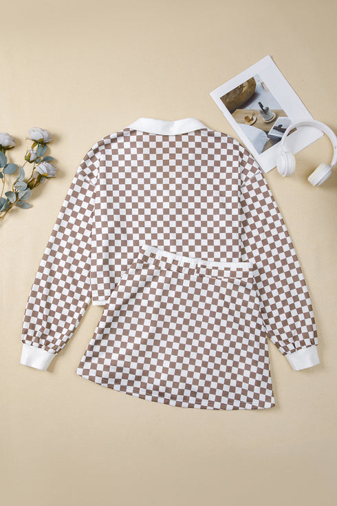 Checkered Polo Collar Long Sleeve Mini Skirt Two Piece Dress