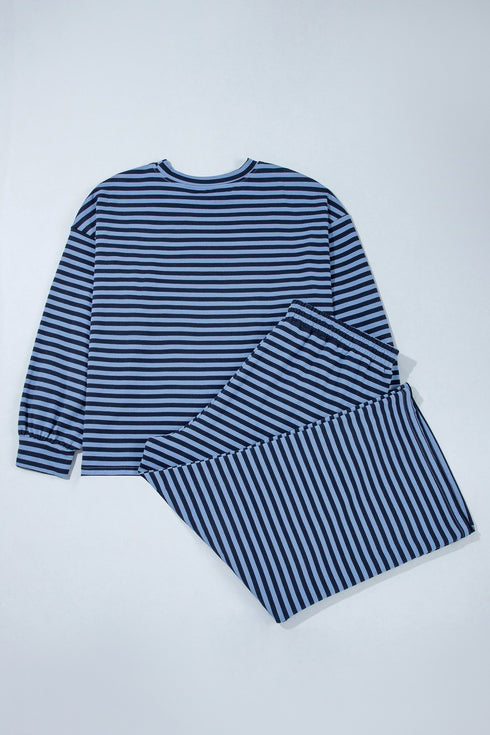 Striped Long Sleeve Drawstring Waist Loungewear Set