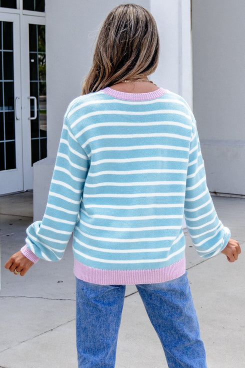 Striped Long Sleeve Round Neck Open Front Cardigan
