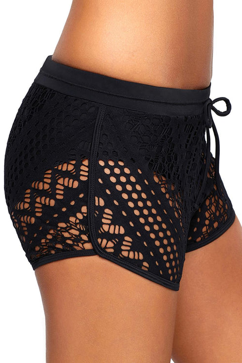 Geometric Lace Drawstring Waist Dolphin Hem Swim Shorts
