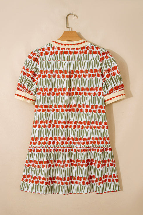 Rick Rack Tulip Print Puff Sleeve Cotton Floral Dress