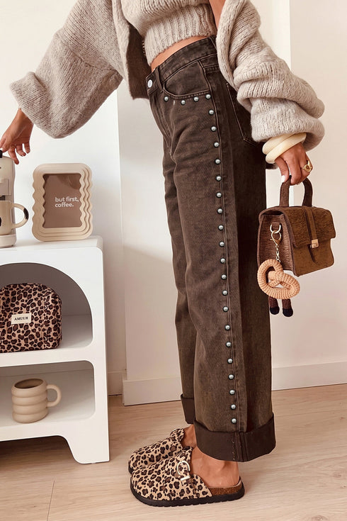 Cotton Denim Studded Straight Leg Loose Jeans