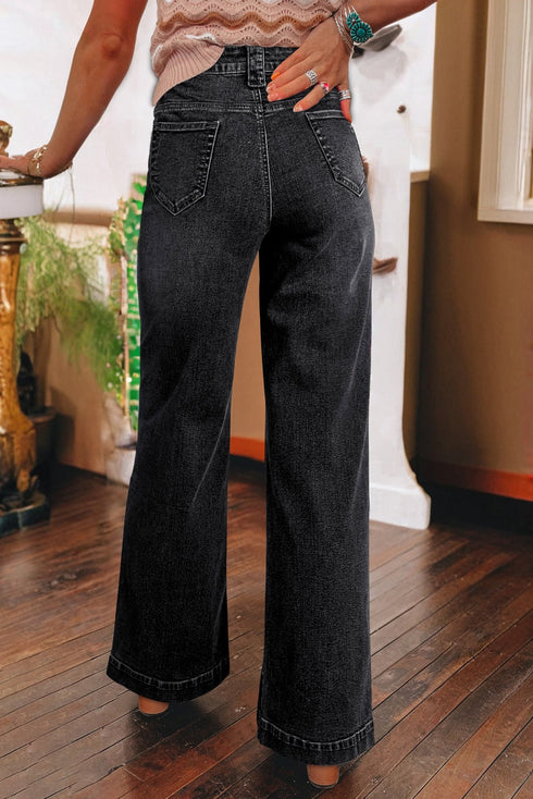 High Rise Wide Leg Pocketed Stretch Denim Jeans