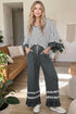 Striped V Neck Ruffle Sleeve Top Drawstring Two Piece Pant Set