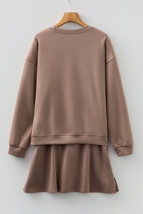 Solid Drop Shoulder Pullover Drawstring Mini Skirt Two Piece Dress