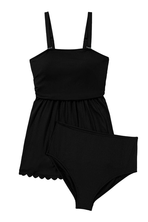 Ribbed Textured Scalloped Trim Swim Dress Swimwear