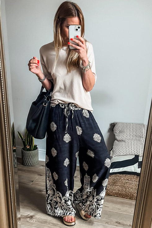 Bohemian Paisley Print Elastic Waist Wide Leg Pants