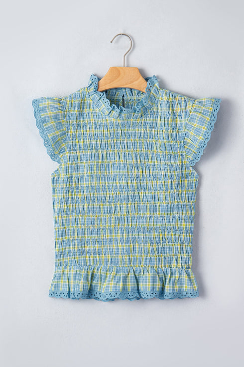 Gingham Plaid Smocked Lace Trim Ruffle Tank Top