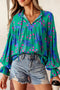 Abstract Print V Neck Flounced Puff Sleeve Blouse