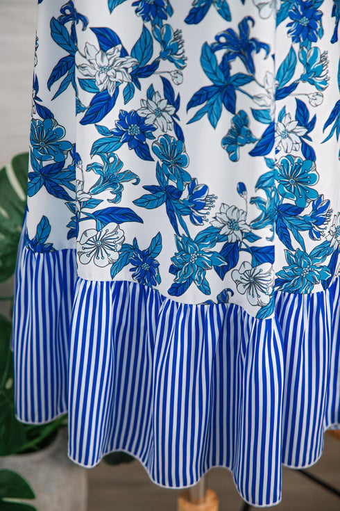 Sleeveless U Neck Striped Patchwork Ruffle Hem Floral Dress