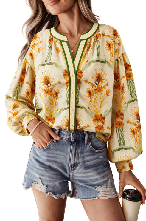 Floral Print V Neck Long Sleeve Blouse