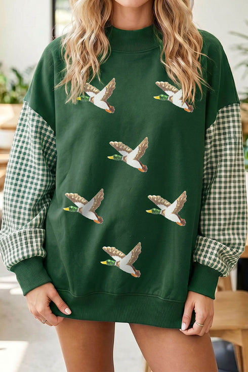 Sequin Mallard Graphic Plaid Sleeve Pullover Sweatshirt