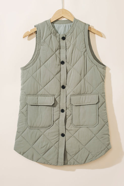 Solid Color Quilted Longline Outerwear Pocket Vest