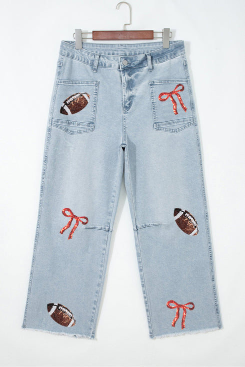 Sequin Rugby Bow Graphic Raw Hem Shift Pants