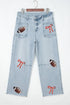 Sequin Rugby Bow Graphic Raw Hem Shift Pants