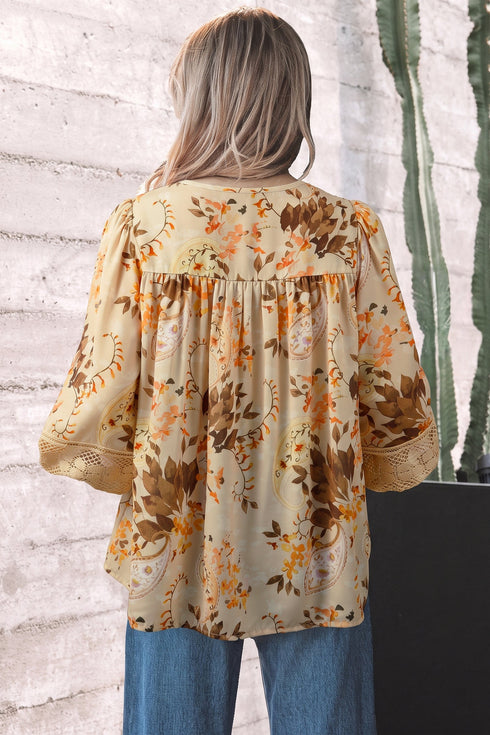 All Over Paisley Decorative Binding V Neck Shift Blouse