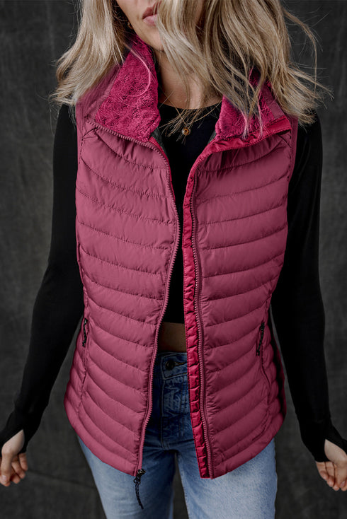 Plush Collar Quilted Zip Front Puffer Vest