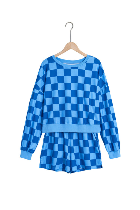 Plaid Long Sleeve Crop Top Elastic Waist Two Piece Short Set