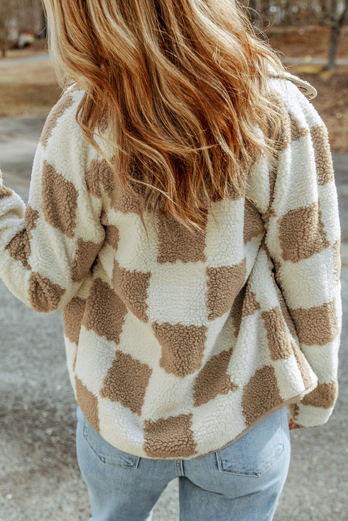 Checkered Plaid Sherpa Fleece Snap Button Jacket
