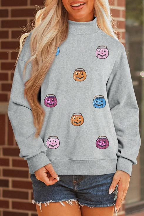 Sequin Pumpkin Face Graphic Mock Neck Sweatshirt
