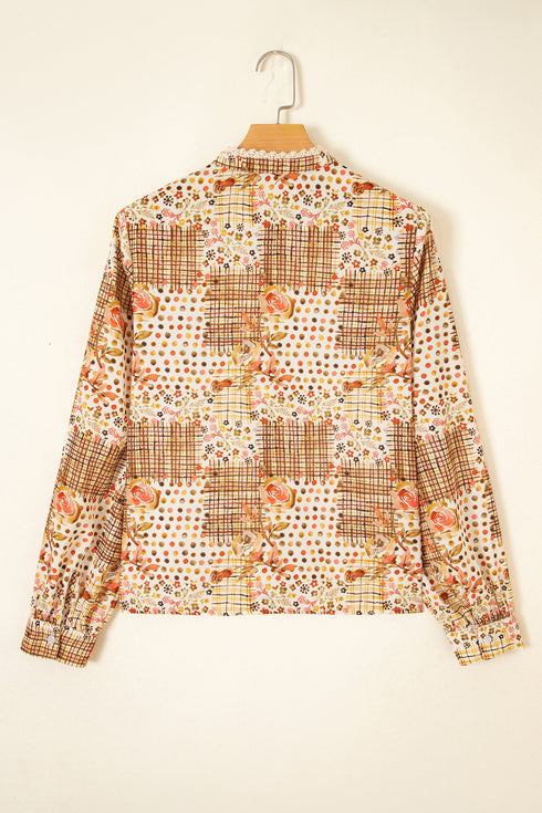 Floral Lace Trim Button Down Long Sleeve Blouse