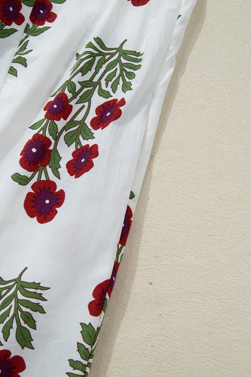 Frilled V Neck Three Quarter Sleeve A Line Floral Dress