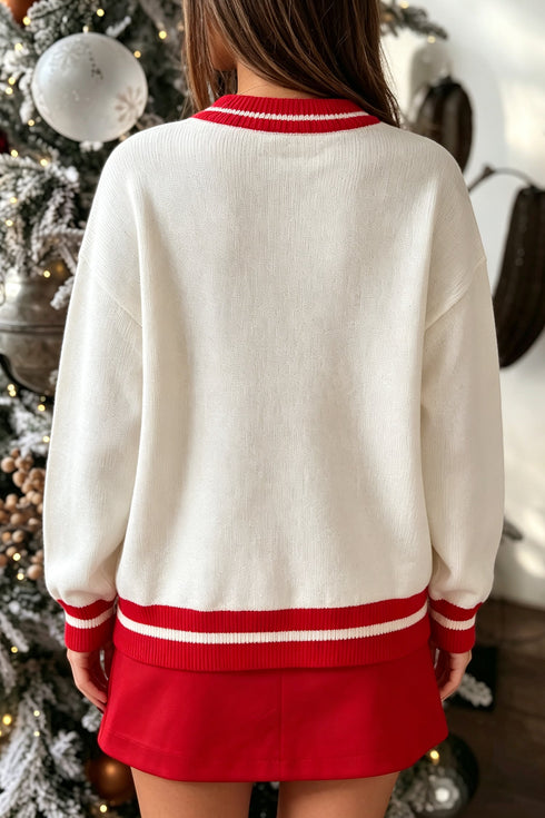 Plaid Tree Applique Round Neck Loose Sweater