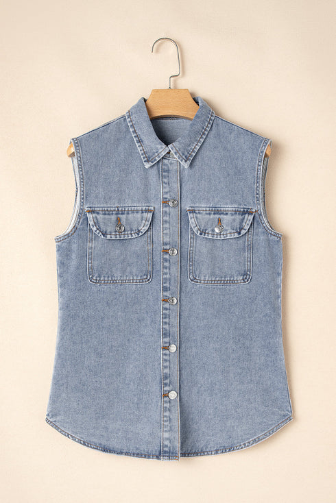 Solid Denim Flap Pocket Curved Hem Shirt Vest