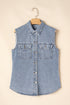 Solid Denim Flap Pocket Curved Hem Shirt Vest