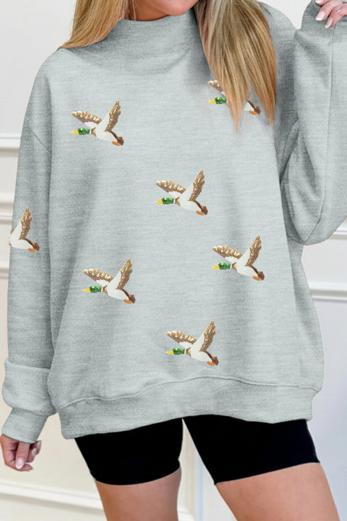 Sequin Mallard Graphic Mock Neck Baggy Pullover Sweatshirt
