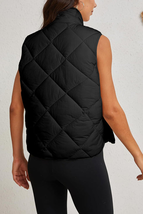 Solid Quilted High Neck Button Up Pocket Vest