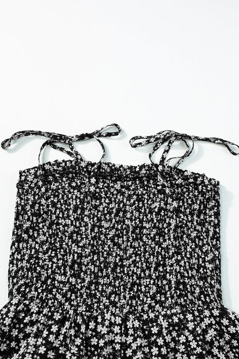 Floral Print Thin Strap Smocked Bodice Wide Leg Jumpsuit