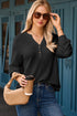 Waffle Knit Button Notched Neck Textured Long Sleeve Top