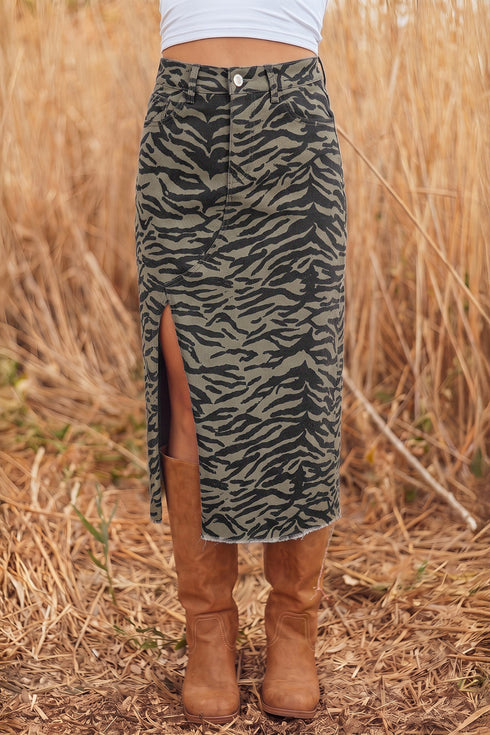 Leopard Print Side Split Frayed Denim Midi Skirt