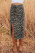 Leopard Print Side Split Frayed Denim Midi Skirt