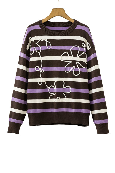 Stripe Embroidered Detail Drop Shoulder Pullover Sweater