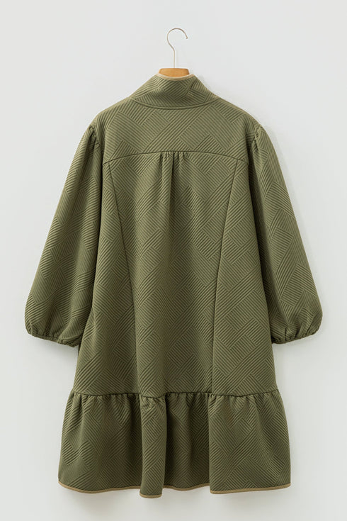 Textured Accent Trim Quarter Zip Bracelet Sleeve Mini Dress