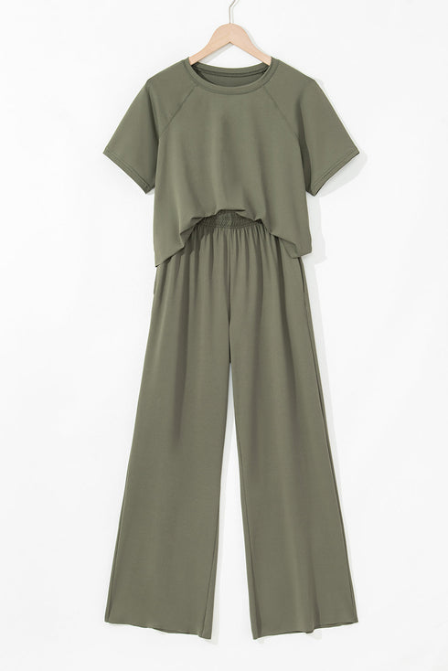 Smocked Raw Hem Loose Tee Wide Leg Pant Sets