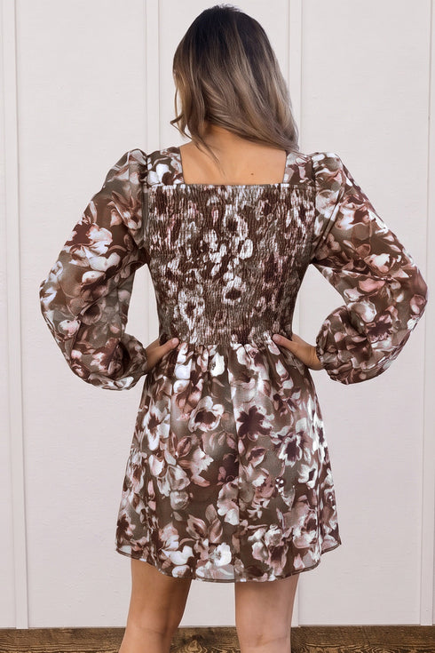 Abstract Floral Print Square Neck Long Sleeve Shift Mini Dress