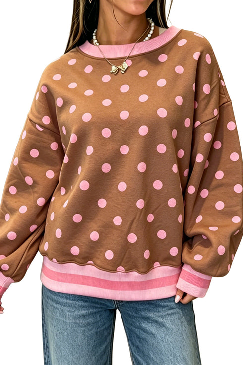 Polka Dot Paneled Border Trim Round Neck Pullover Sweatshirt