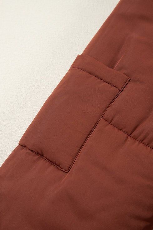 Solid Quilted Stand Collar Zipped Mid Length Puffer Coat